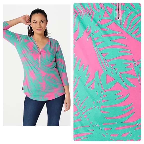 Belle by Kim Gravel Tops - NWT Belle by Kim Gravel TripleLuxe Knit Signature Zip Top in Pink Palm, Size M
